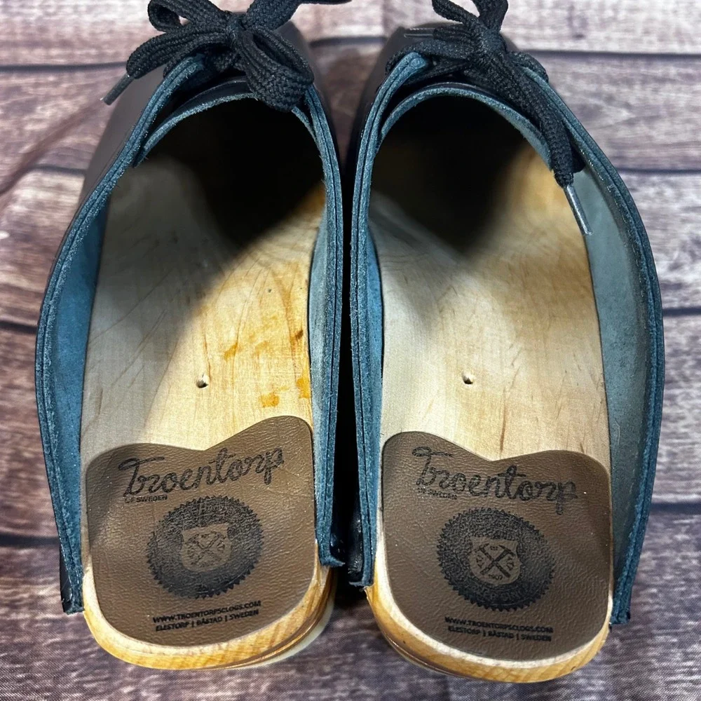 Troentorp of Sweden Audubon Black Leather Lace Up Wooden Clogs Mules Womens 38 - Picture 8 of 12